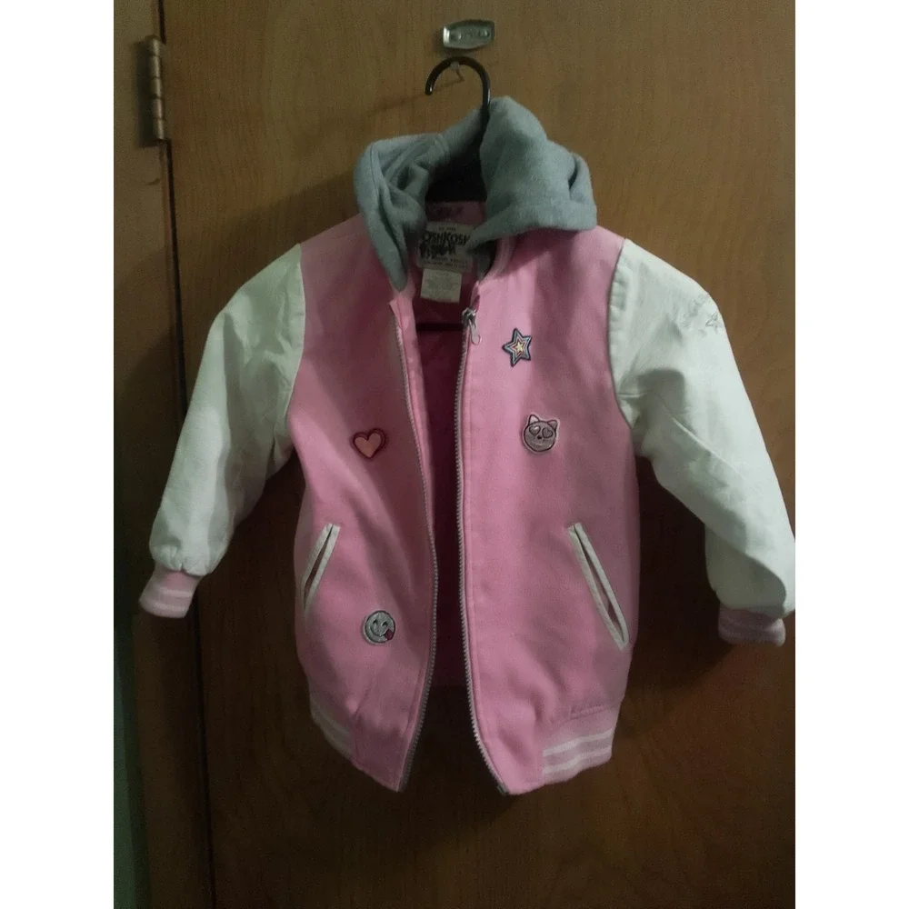 OshKosh B'Gosh Girls Size 6 Pink Varsity Jacket Patches Gray Hood Bomber